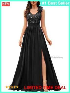 V-Neck Sequined Lace Evening Maxi Dress Sleeveless Formal